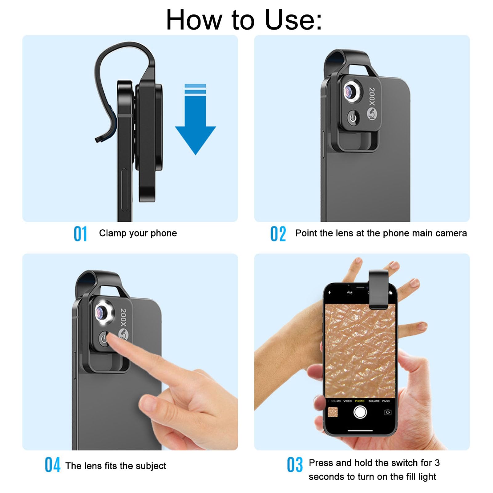 200X HD Cell Phone Microscope with CPL Lens, 110mAh Battery for Jewelry Appraisal and Art Investigation, White Color, Comes with USB Cable