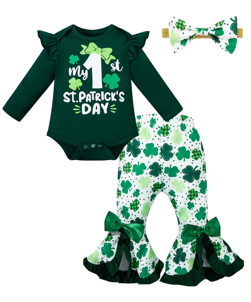 Newborn Baby Girl My First St.Patrick's Day Clothes Ruffle Romper Flared Pants Set(Green,6-12 Months)