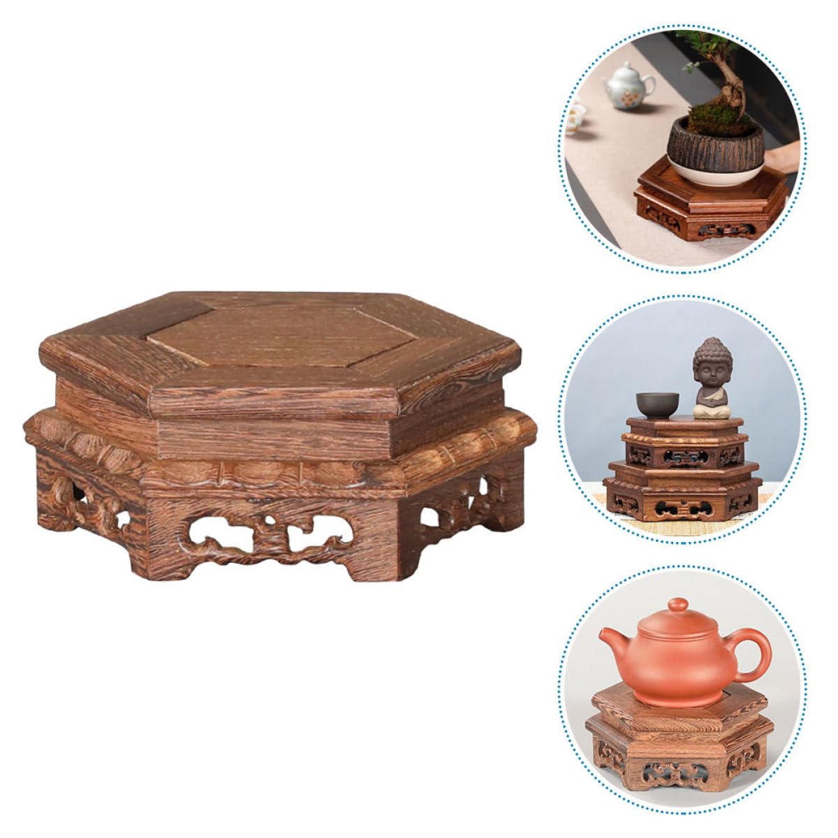 Base de Exhibición Estable y Decorativa de Madera Marrón Hexagonal Diseño Rústico para Tetera y Estatua Budista para Mesa y Oficina