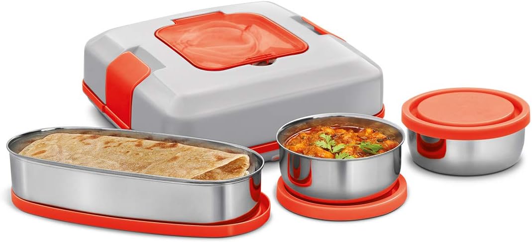 MILTON Flatron Plastic Electric Lunch Box Set of 3 (340ml x 1 & 150ml x 2, Multicolour)