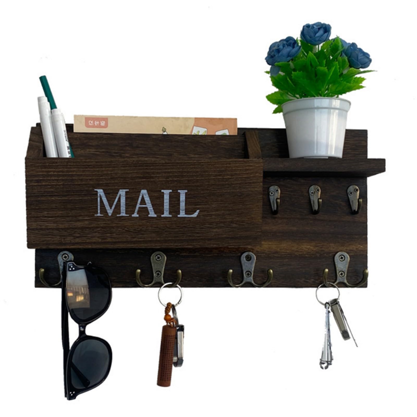 Kaeltsyn Wooden Wall Hanging Mail Holder with 4 Double Hooks and 3 Single Hooks Storage Rack for Keys Accessories Wall Mounted Mail Planner