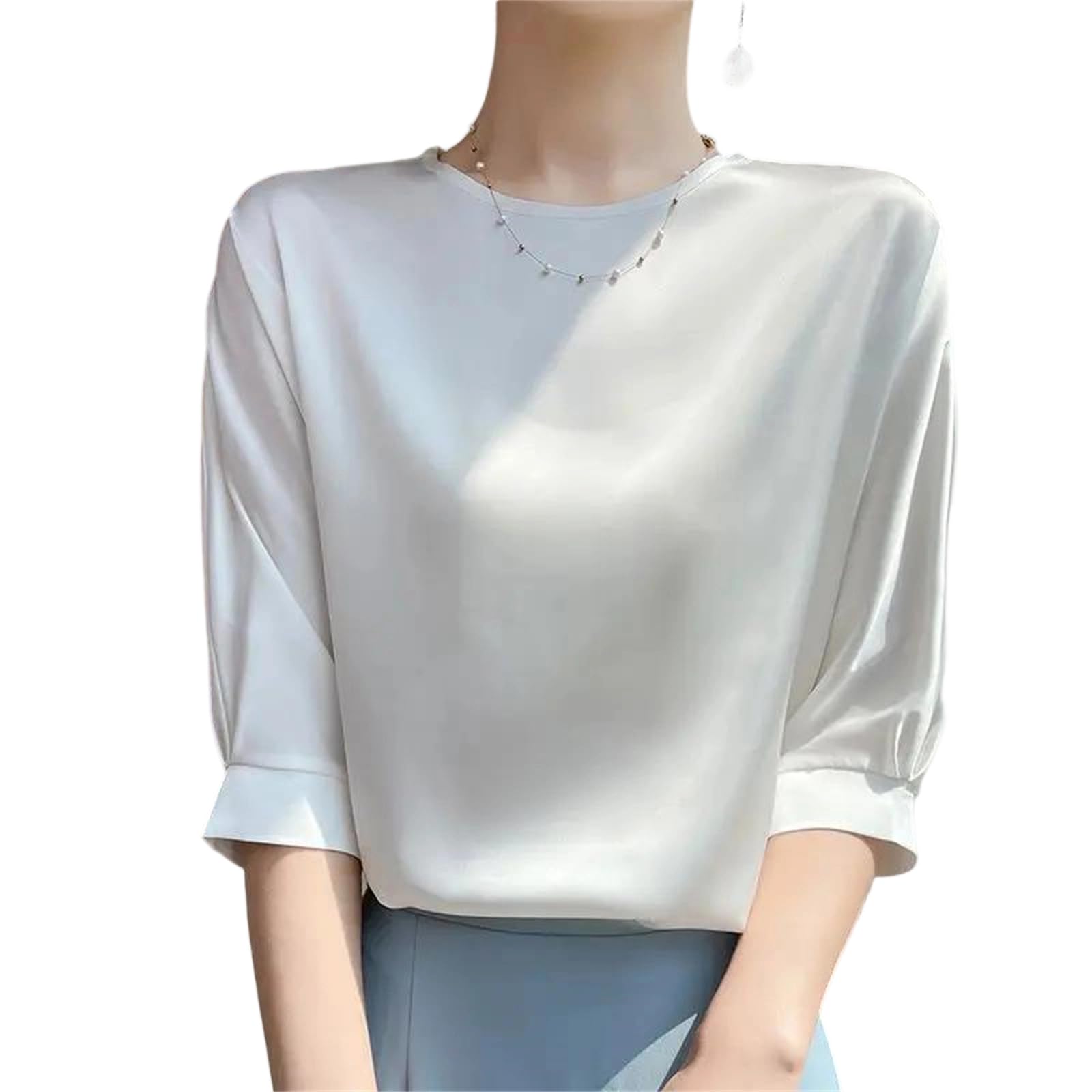Yeuyyben Camicetta da donna classica tinta unita sottile mezza manica O-collare allentato slim camicia pullover da donna