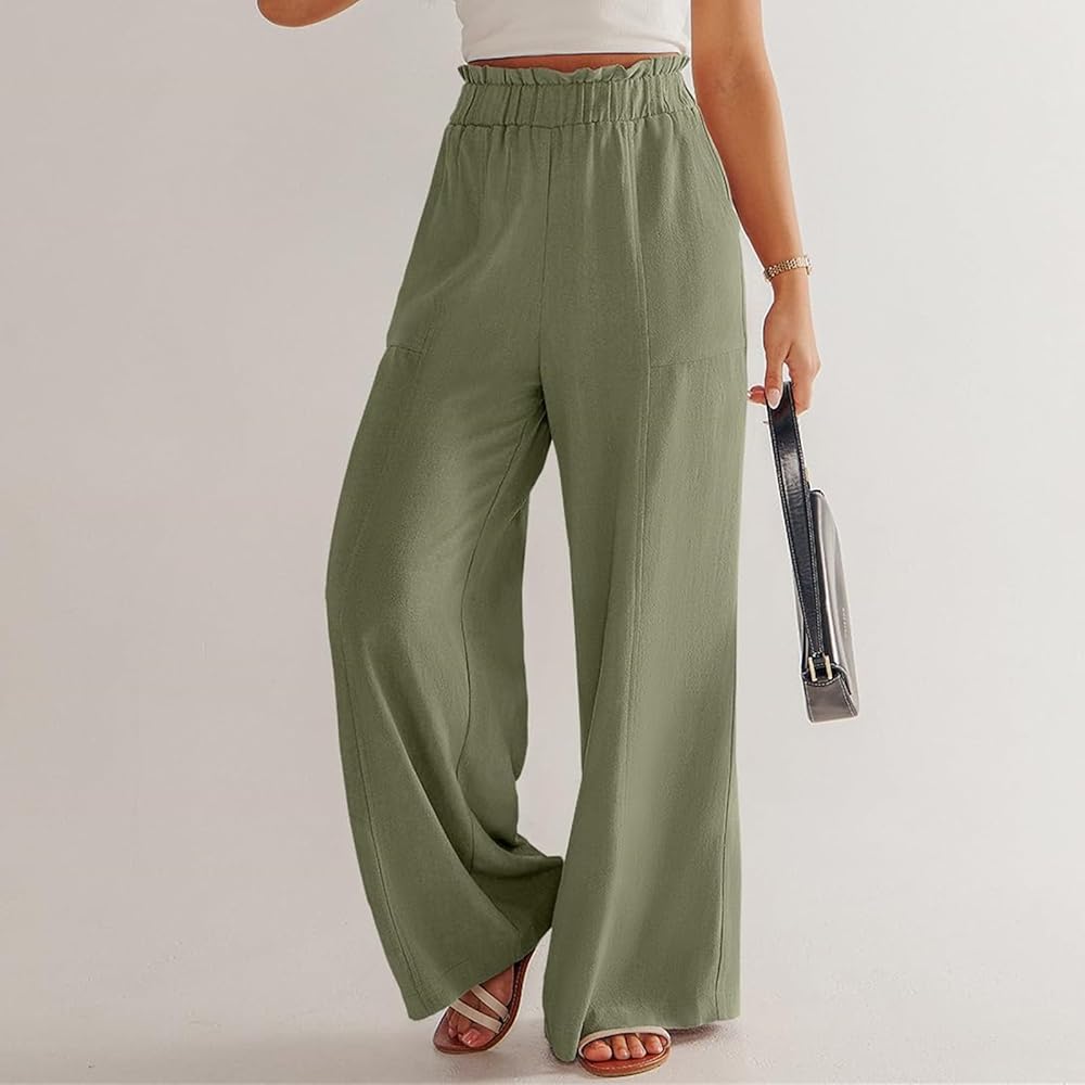 QXQYGRZ Womens Wide Leg Cotton Linen Pants High Waisted