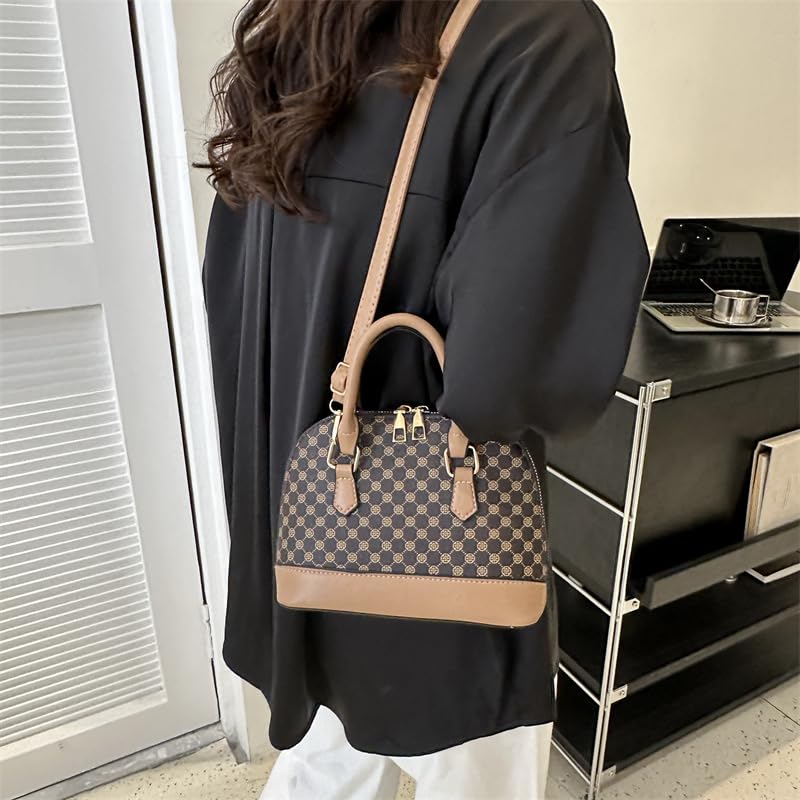 Designer Shell Dome Handbag, Monogram Pattern, Brown Leather Trim, Crossbody Strap2