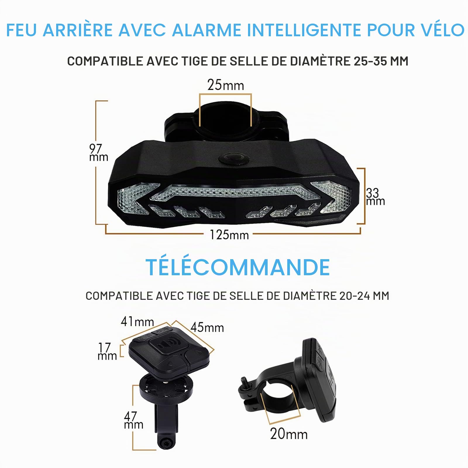 Feu arrière de vélo intelligent, avec clignotants et feu de freinage automatique, alarme de vélo à télécommande sans fil, feu arrière 5 en 1 (avertissement, frein, direction, sonnette électrique)