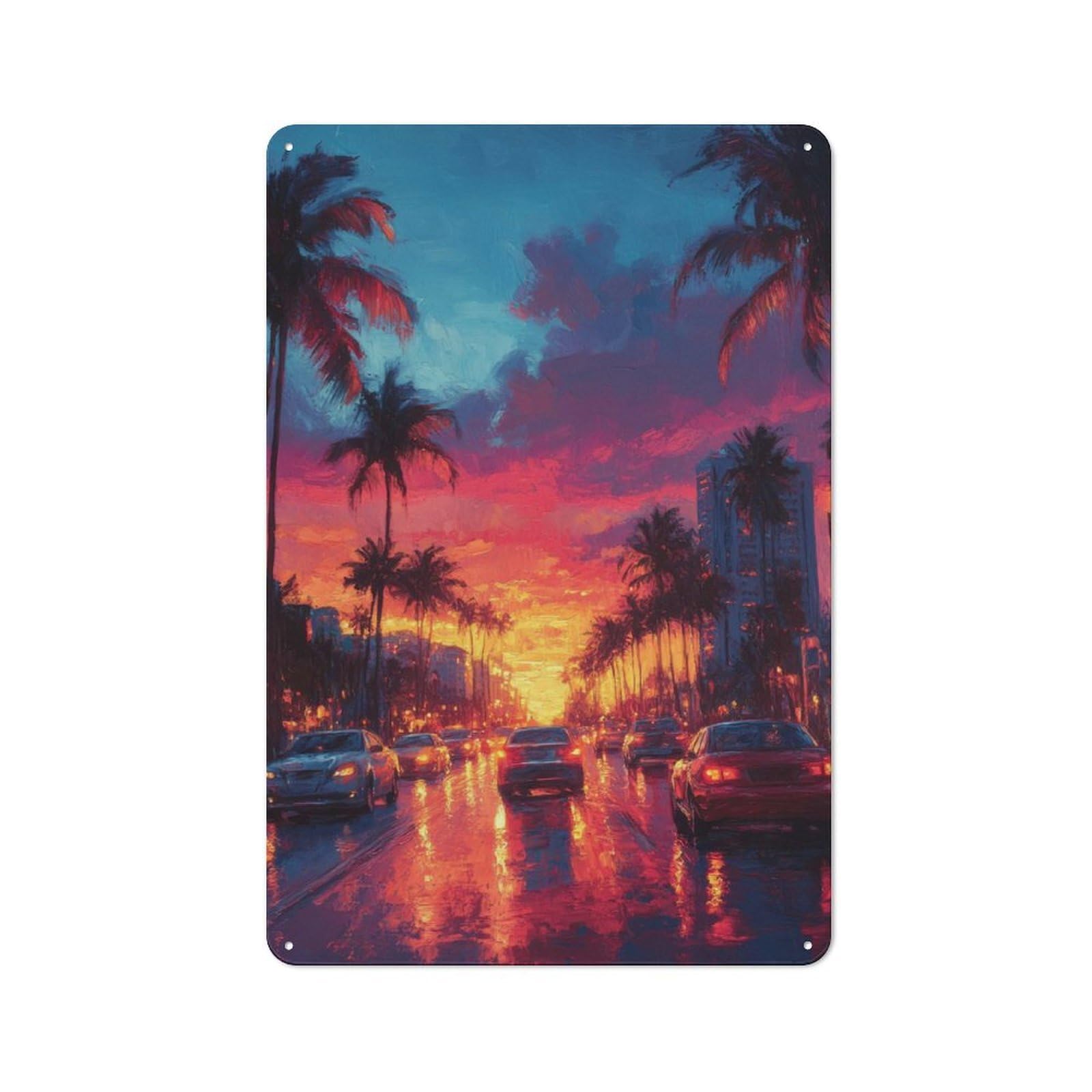 For Living Room Or Hallway, Sunset Cityscape with Palm Trees Retro Metal Plaque 30x20cm, for A Newly Furnished Living Room And Hallway