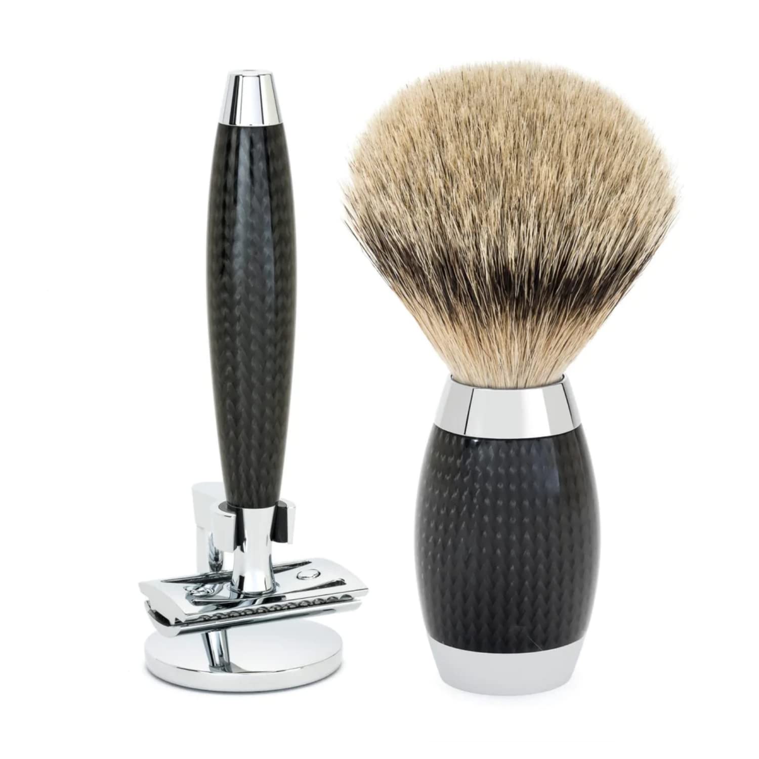 M HLE EDITION Carbon 3-Piece Shaving Set - Silvertip Badger Brush Safety Razor Chrome Plated Metal Stand Safety