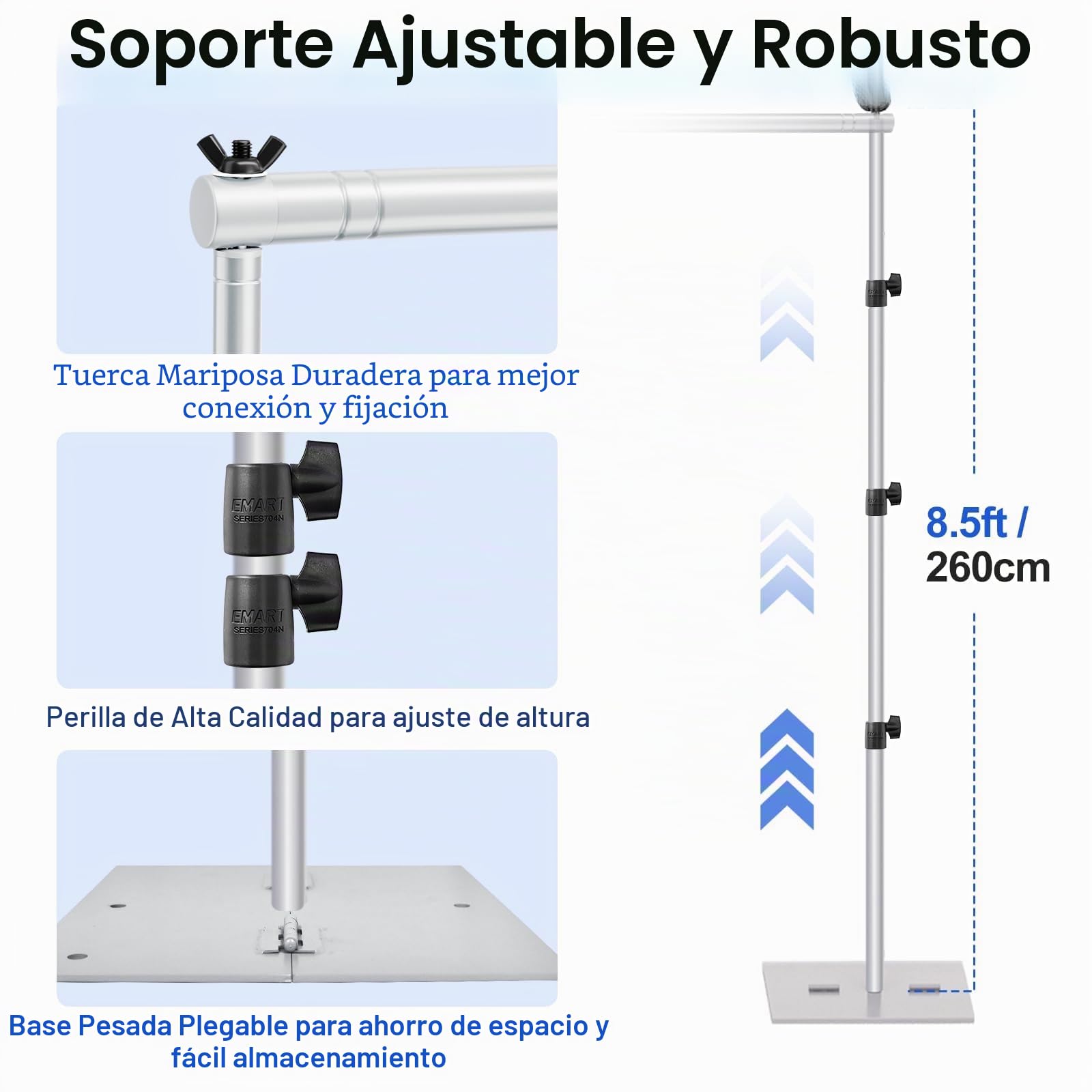 EMART Soporte para Fondo, Soporte Fondo Fotográfico de 2,6 x 3 m Ajustable con Base de Acero, Decoraciones para Fiestas de Retratos en Estudios de Fotografía y Vídeo-Plata