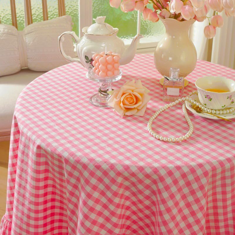 HAIRUO Cotton Round Tablecloth Farmhouse Pink Plaid Washable Tablecloth for Parties Coffee Kitchen Picnic Round Table Cloth (Pink Plaid,Round, 70")