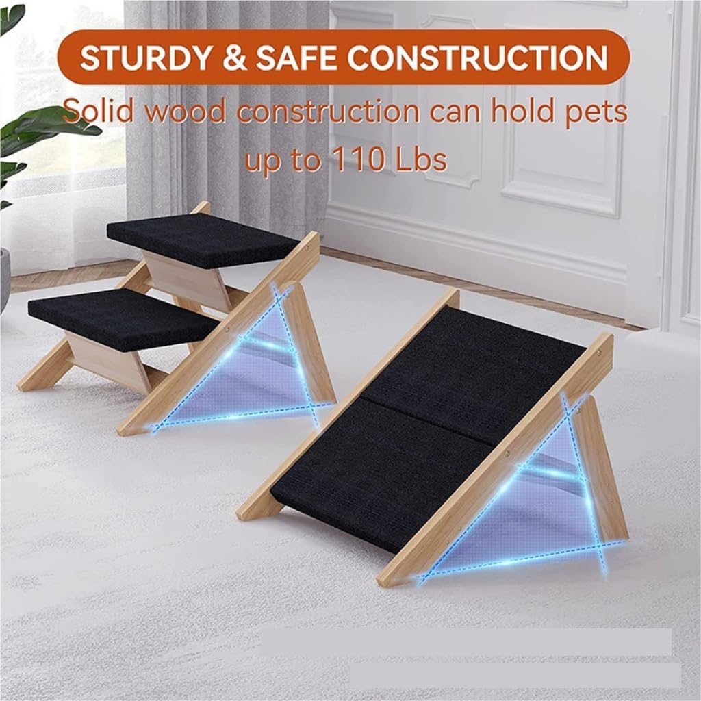Easy to Clean Wooden Dog Ladder Outdoor Indoor Portable Two-Story Dog Ladder Cat Ladder Pet Ladder Pet Step Staircase Cat Activity Center(Black)