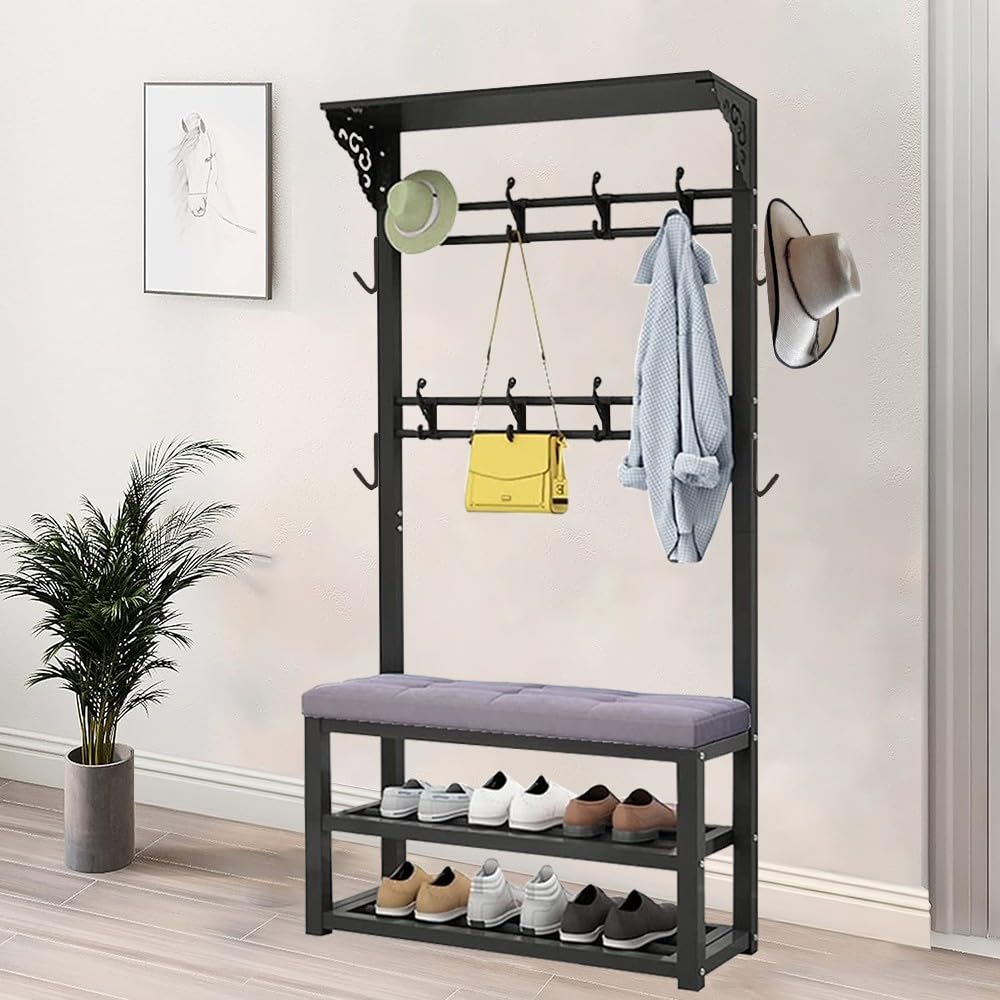 MYUYEE Hallway Coat Rack With Bench And Shelves, Metal Coat Stand With Shoe Racks And Hooks Free Standing Hall Tree Easy To Assemble For Living Room,Hallway, Bedroom, Entrance(A-100Cm)