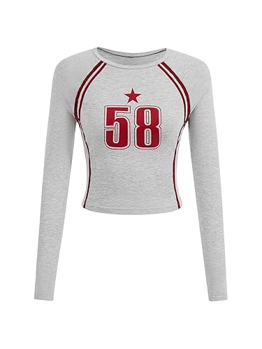 SOLY HUX Women's Y2K Jersey Crop Top Long Sleeve Number Graphic Tees Tight Fitted Going Out T Shirts Striped Shirt - Medium - Grey Letter