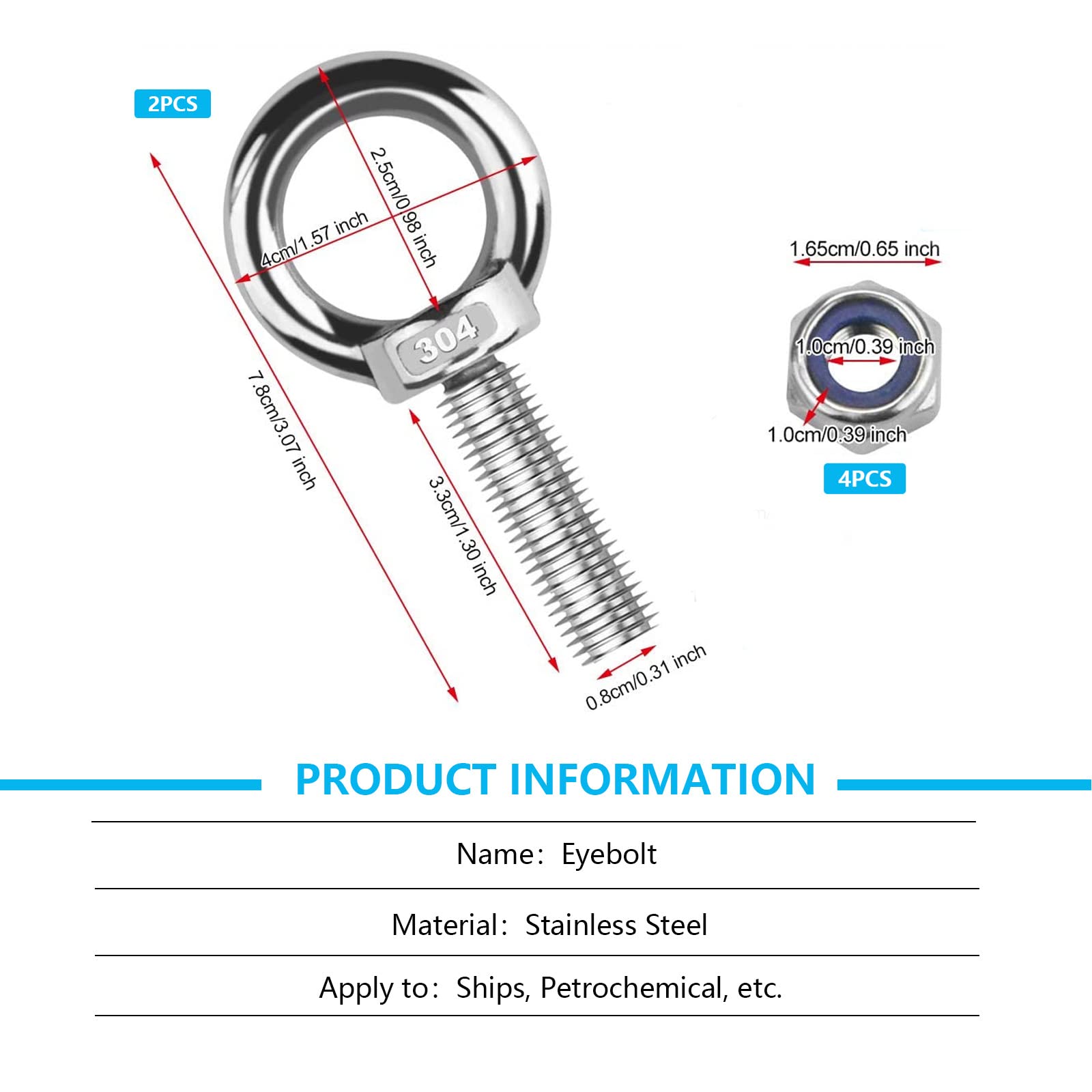 Occhiello, per Sollevamento Golfari Bullone occhiello Bullone a Occhiello in Acciaio Inox Metrico M10*35, 2 Pz Bulloni a Occhiello Inox, Bullone a Occhiello Rotondo ad Anello, per Il Ruolo di Fissare