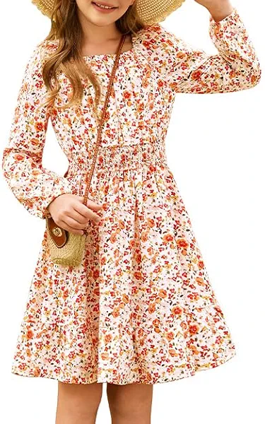 GRACE KARIN Girls Fall Dress Floral Long Sleeve Midi with Smocked Waist for Holiday Party 6-14Y