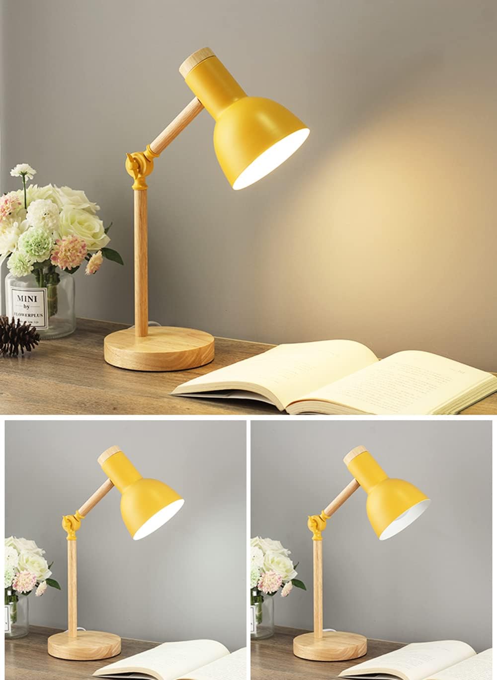 Lampe de table de chevet, lampe de bureau en bois moderne avec abat-jour en métal Lampe de chevet réglable pour bureau, salle d'étude, chambre à coucher, salon, chambre d'enfant, lecture,Jaune