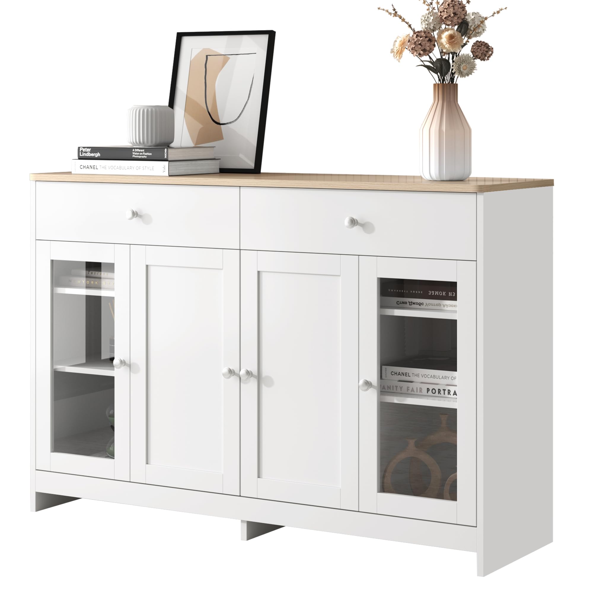 Sideboard Contenitore in MDF e Pannelli di Particelle, Quattro Ante con Vetro e Due Cassetti, Ripiani Regolabili e Stile Classico, Credenza Cucina e Soggiorno, Bianco e Legno, 120 x 37 x 80 cm