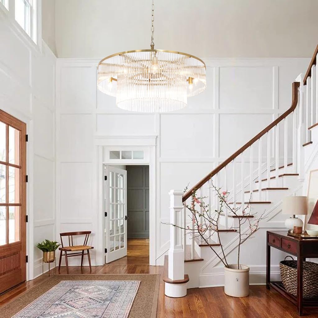 Contemporary Brass Dining Room Chandelier 2 Tier Crystal Glass Chandeliers Lighting Light Fixture Ceiling Entryway Bedroom Kitchen Entryway 10 Lights Round 32"