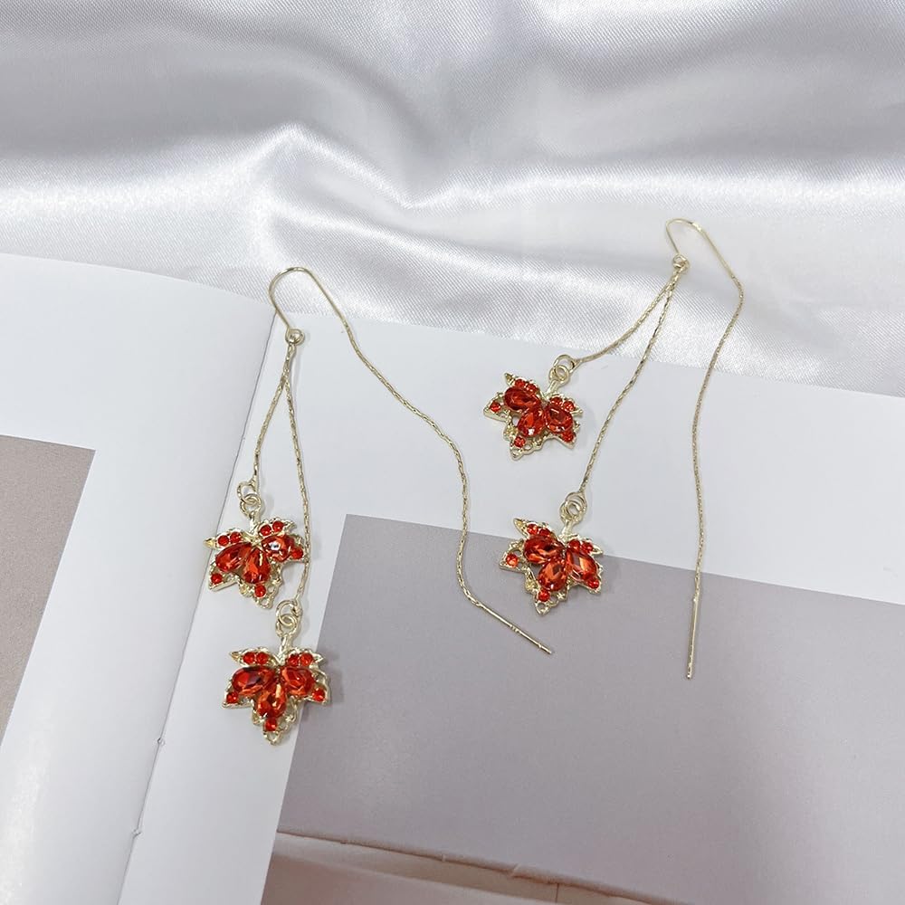 Rhinestone Orange Maple Leaf Earrings Crystal Drop Autumn Tiny Huggie Hoop Earrings Maple Leaves Dangle Earring Christmas Thanksgiving Fall Accessories for Women Perfect Jewelry Dainty Gift - Image 3