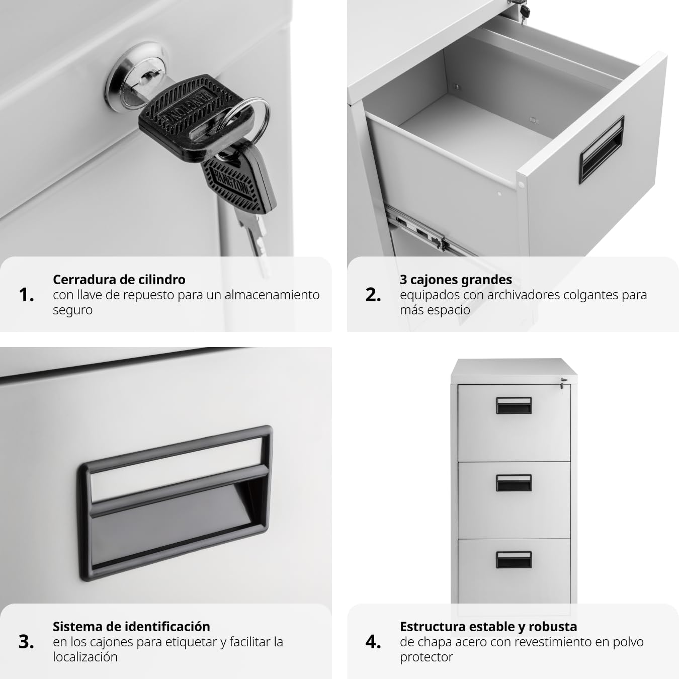 TecTake io Archivador Metálico, 3 Cajonera Oficina, DIN A4, Bloqueable, Incluye