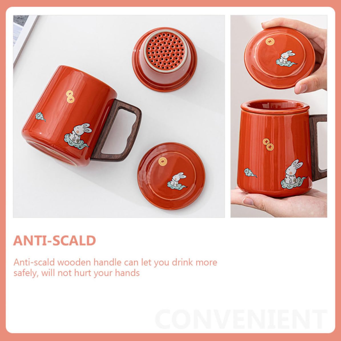 Healeved Taza de Té con Infusor y Tapa de Cerámica Roja de 400ml con Superficie Lisa y Filtro para Infusiones Adecuado para Agua y Leche en Casa u Oficina