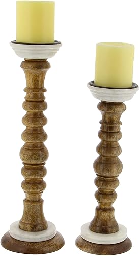 Deco 79 94555 Portavelas segmentados de madera de mango (juego de 2), 12 x 15 pulgadas, marrón/blanco/negro