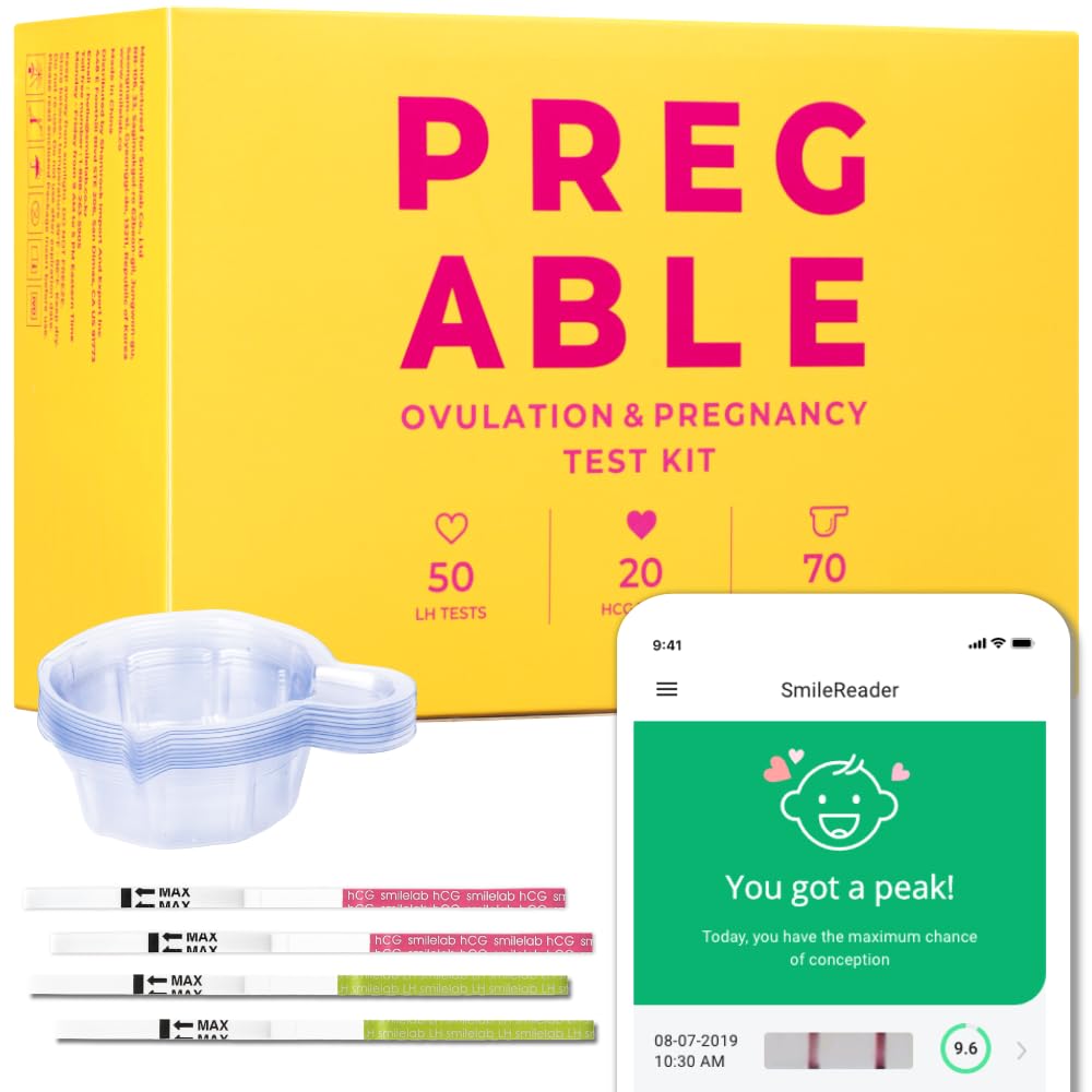 PREGABLE Combo Kit: 50 Ovulation Tests, 20 Pregnancy Tests & 70 Cups, Free Tracker app, SmileReader, OPKs, HPTs (140)