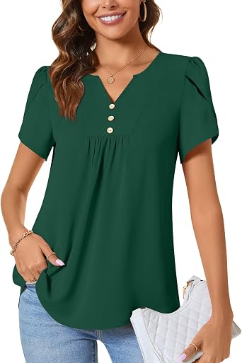 CATHY Women's Petal Short Sleeve Tunic Tops Dressy Summer Blouses V Neck Button Cute Shirts