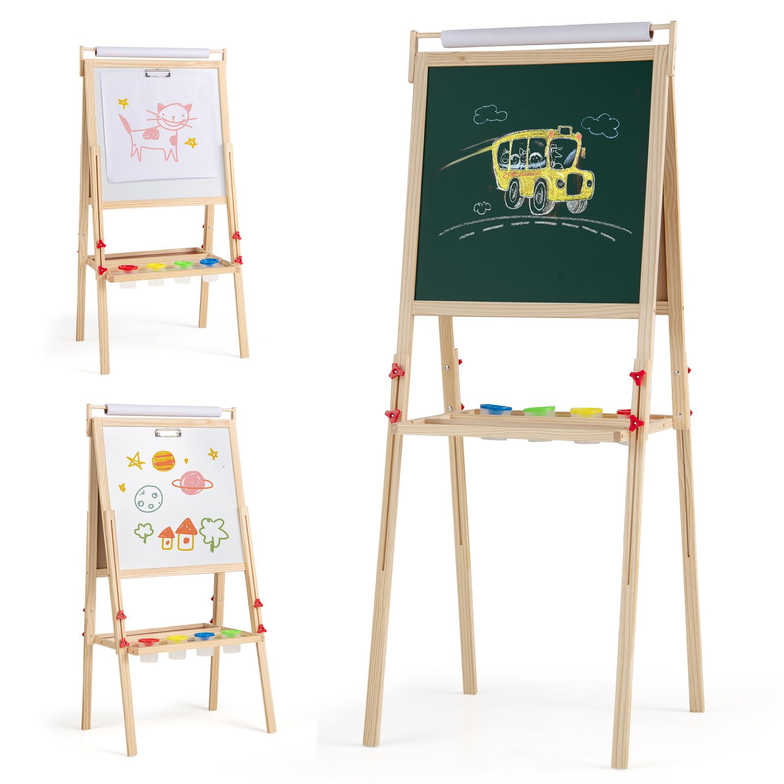 RELAX4LIFE Cavalletto per Bambini, Cavalletto Artistico in Legno con Altezza Regolabile, Cavalletto a Doppia Faccia con Rotolo di Carta, 2 Vassoi, 4 Tazze e Accessori Completi