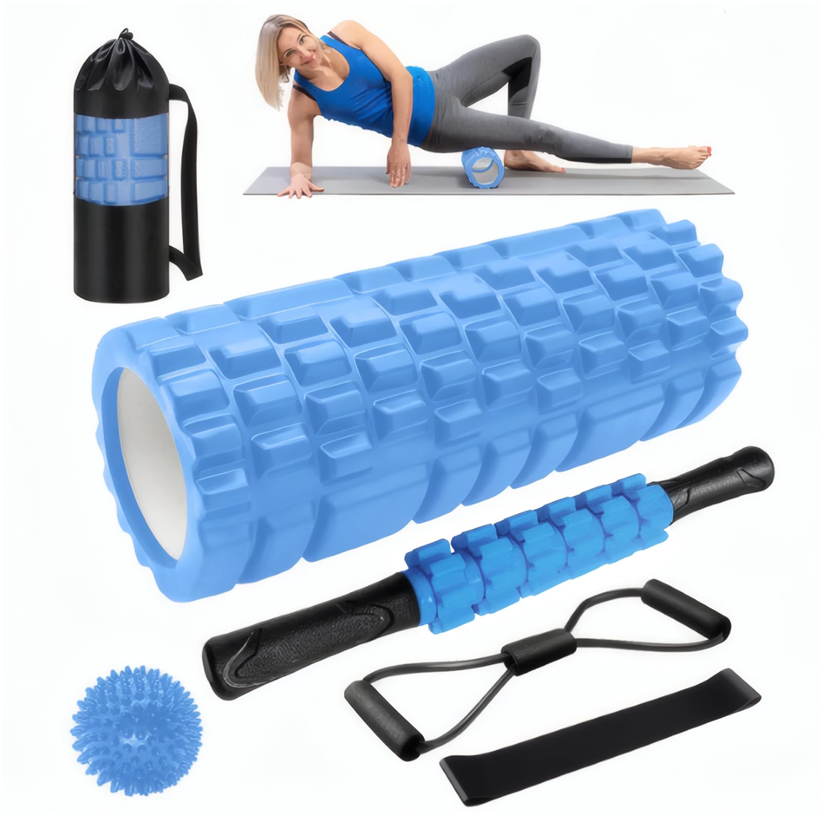 VAODO 9 in 1 Foam Roller Set, Trigger Point Foam Roller, Muscle Roller Stick, Spikey Plantar Fasciitis Ball, Resistance Band, Figure-8 Resistance Band, Carrying Bag, for Yoga, Fitness Exercise