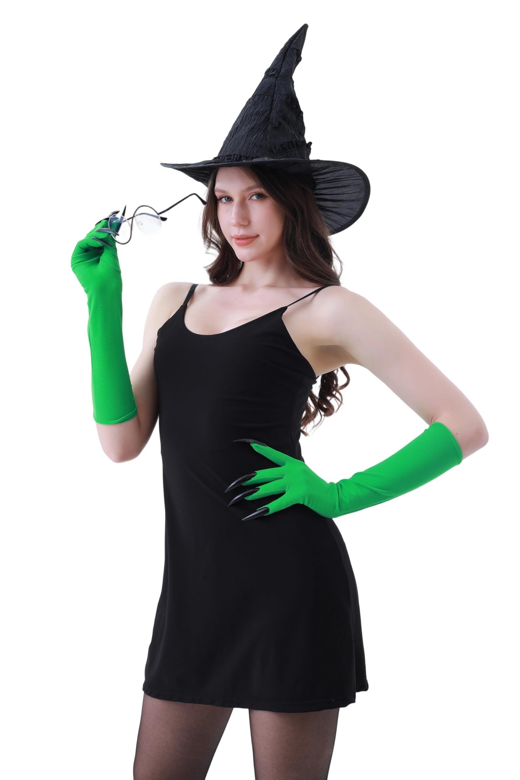 Dozesheep 4 Pcs Wicked Witch Halloween cosplay Costumes, Witch Hat Glasses Ring Green Gloves Halloween Carnival Party - Image 4