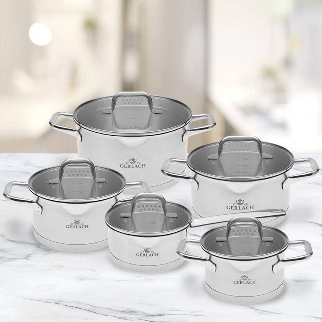 Gerlach Model Stainless Steel Saucepan Set, Induction Cooking Set, Set of 5