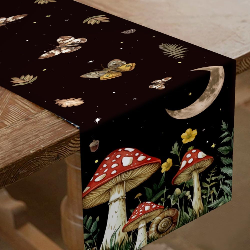 Moth Mushroom Linen Table Runner 33x183cm Moon Phase Centerpiece Table Decorations for Dining Room Wedding Decor Birthday Party Supplies Holiday Decorations