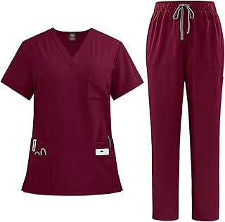 Scrubs for Women Set Stretch V-Neck Scrub Tops & Cargo Pant Quick Drying Solid Medical Nurse Uniform with Pockets