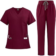 Scrubs for Women Set Medical Uniform Stretch Short Sleeve Vneck Top & Straight Leg/Jogger Pants with Mutli Pockets