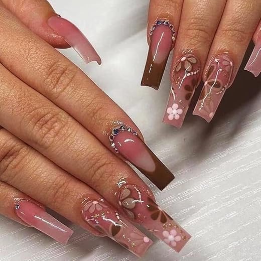 YOSOMK Brown Long Press on Nails Flowers Fake French Tip Nails Press On Coffin Artificial Nails for Women Stick on Nails With Glue on Static nails