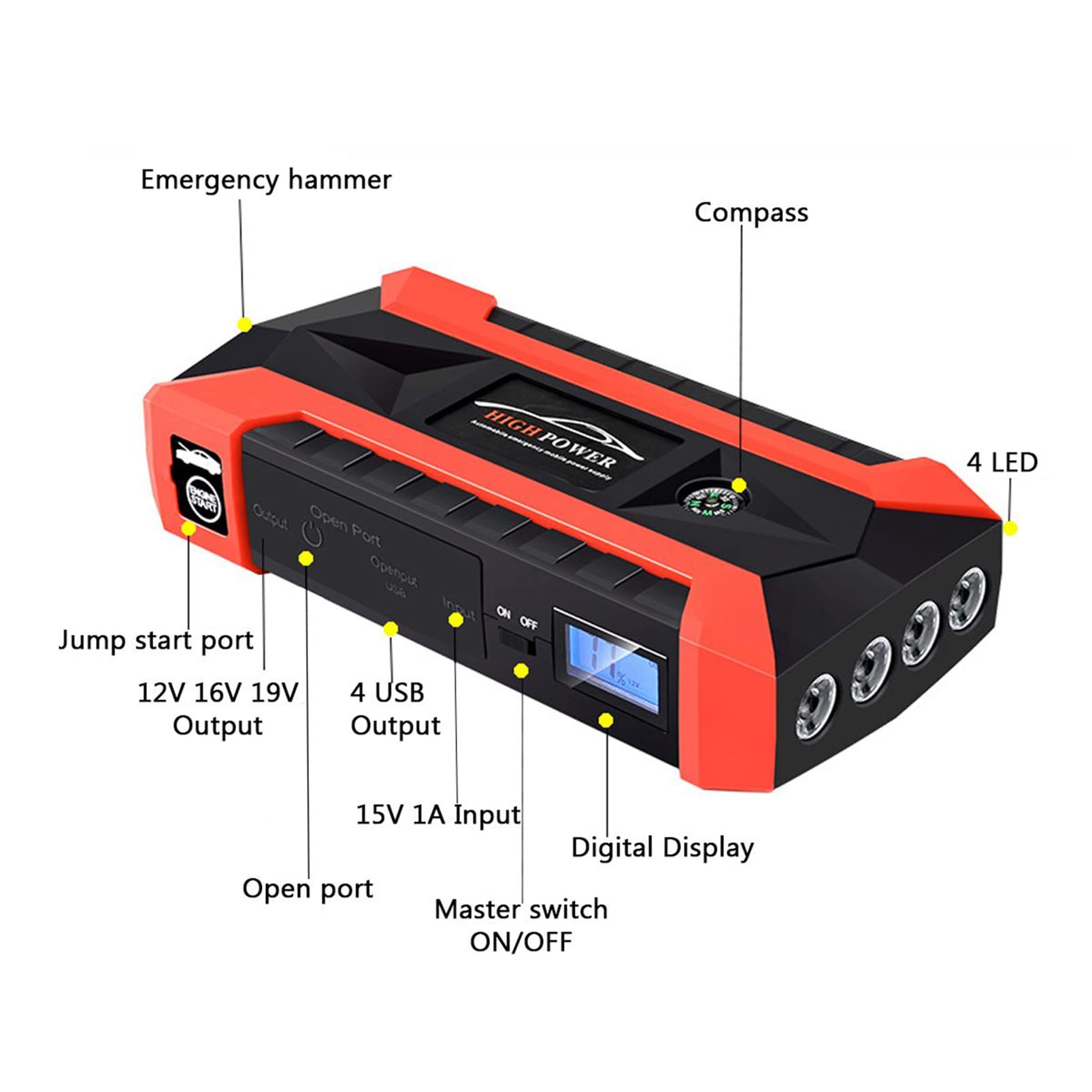 CUTTE Auto Portable Power Bank Car Jump Starter Arrancador de Emergencia Booster Multifunción Dual USB Portable Power Pack Cargador de Teléfono Móvil con Puerto USB