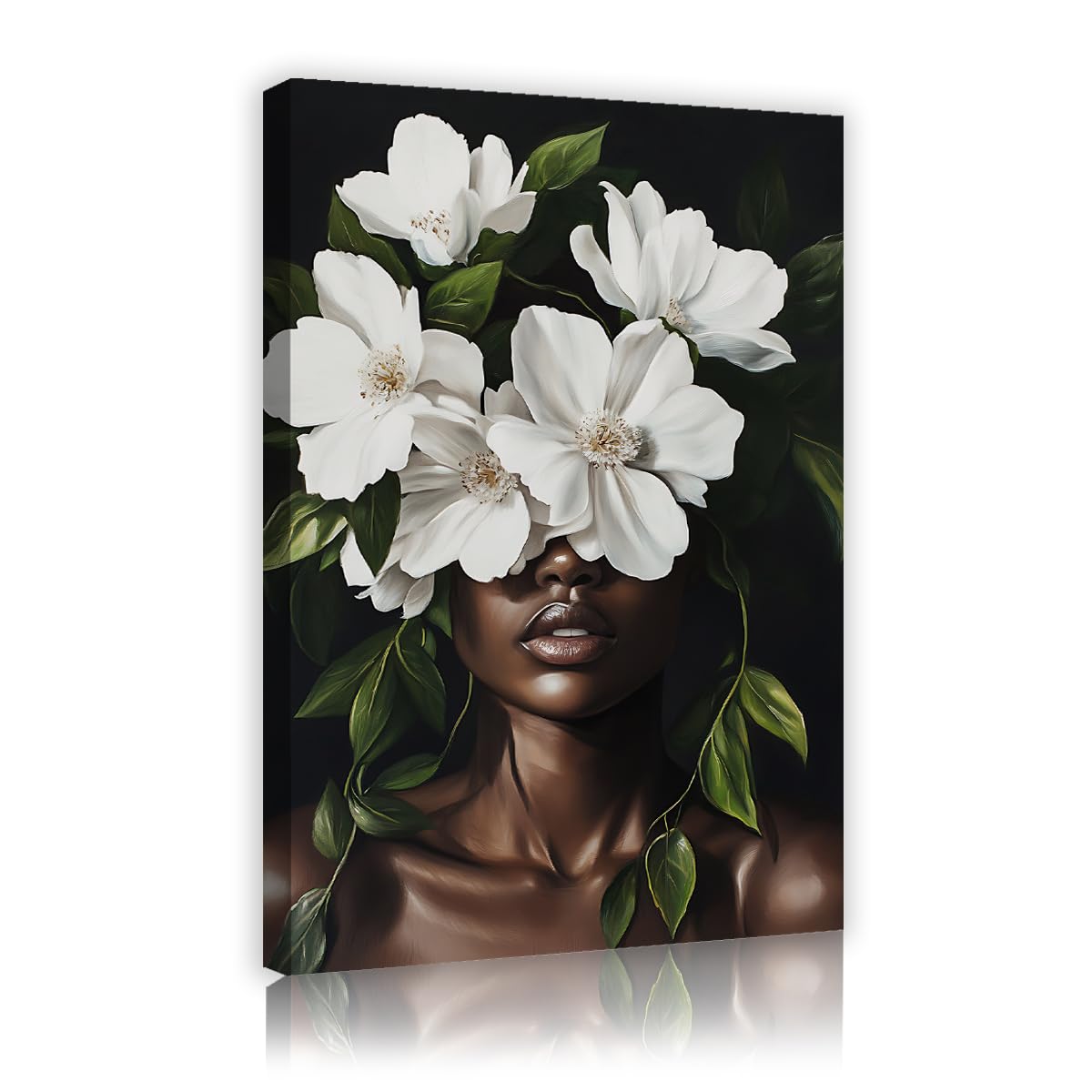 CHERHERART Canvas Wall Decor Picture Black Woman White Flowers Canvas Prints Painting Botanical Beauty Portrait Wall Art Home Bedroom Decor 70x110cm Innerframe