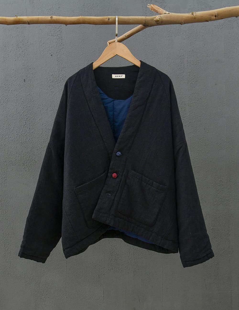 NFYM Women Winter Quilted Short Jackets Cotton Linen Open Front Coats Contrast Color Buttons Retro Hanfu Style Outerwear