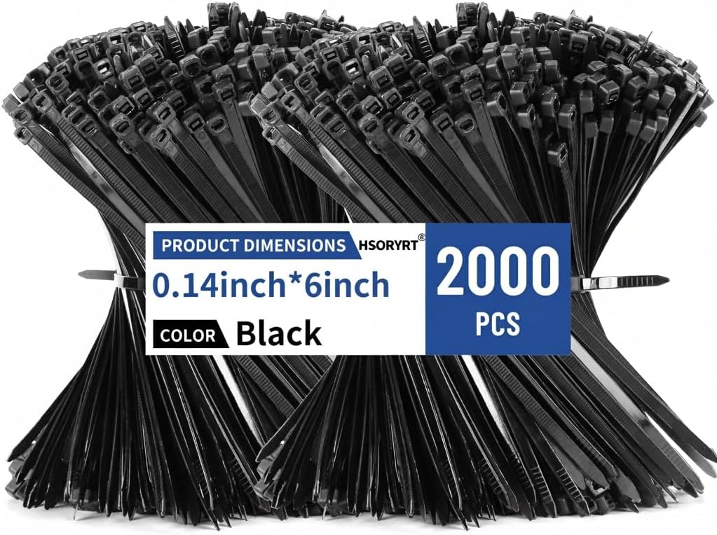 2000pcs Cable Ties, 18lbs Zip Ties, 4 inch Black Multi-Purpose Self-Locking Nylon Small Cable Management, UV Resistant Wire Ties, Plastic Ties for Home, Garage, Garden, Office, Workshop