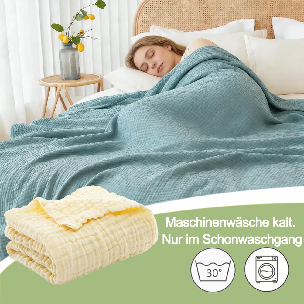 Musselin Decke, Premium Muslin Blanket 150 x 200 cm, 100% Cotton Musselin Decke Erwachsene, Soft Lightweight Summer Blanket, Sofa Throw, Couch Blankets,All Seasons (Dunkelgrün, 150 * 200CM)