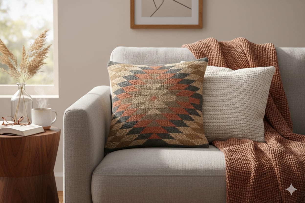 Handwoven Wool Jute Kilim Throw Pillow Cover, Southwestern Geometric Pattern, Red Green Gray Traditional Design, Decorative Cushion Case (18" L x 18" W, Pack of 1, Color 8)