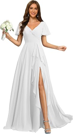 Womens Flutter Sleeves Bridesmaid Dresses Long with Slit Ruffles A Line Chiffon Formal Evening Dress ZU013