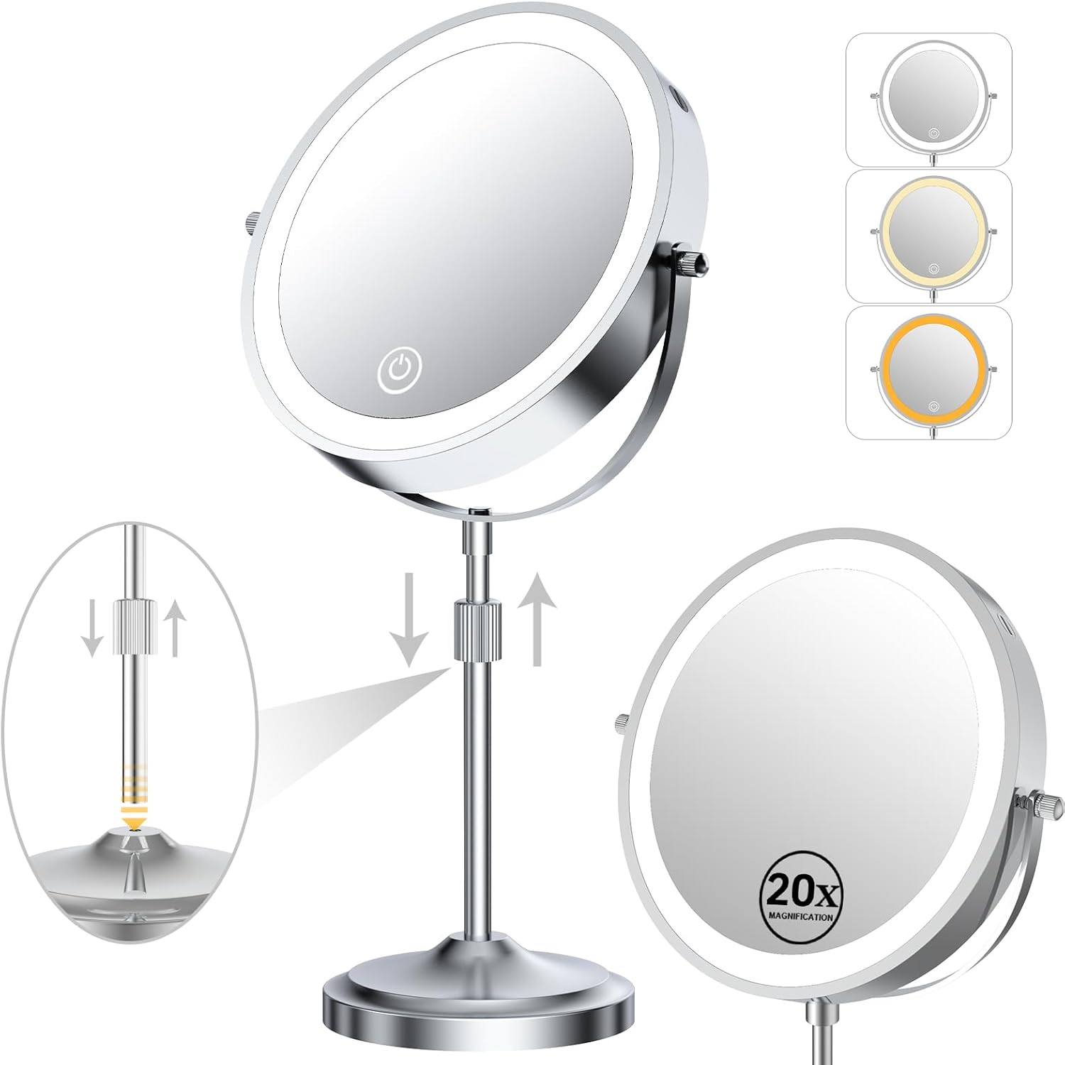 9" Magnifying Mirror with Lights 20X, Height Adjustable, Dimmable, Rechargeable, Chrome