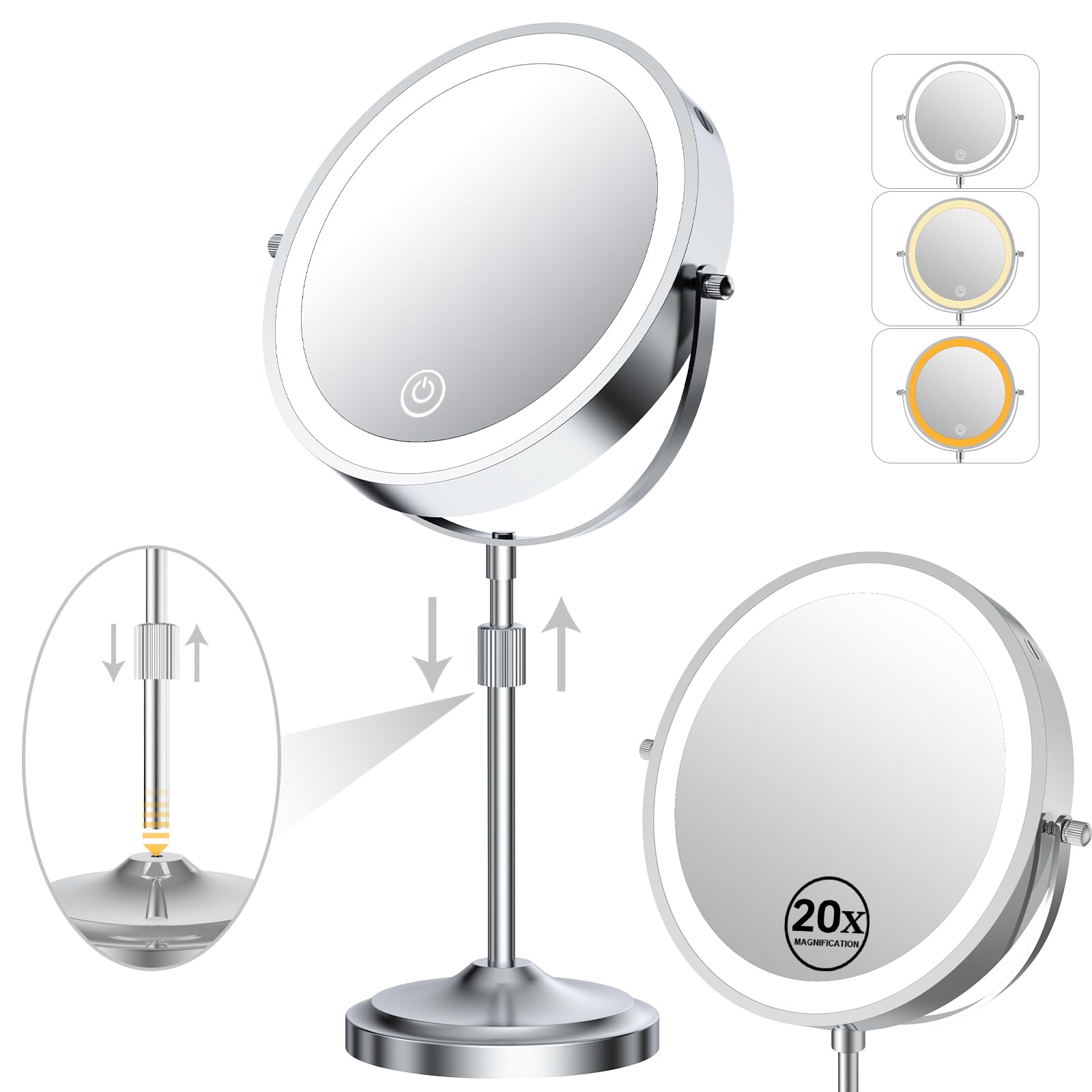 Espejo de aumento de 9 pulgadas con luces 20X, espejo de maquillaje iluminado ajustable con aumento, batería recargable de 5000 mAh, regulable, 3 colores de iluminación, cromado