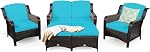 DORTALA 5 Piece Rattan Patio Conversation Set, PE Wicker Sectional Sofas and Ottoman Set with Cushions & Back Pillows, Outdoor Furniture Set for Garden, Backyard, Poolside, Lawn, Navy