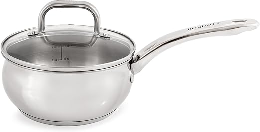 BergHOFF Belly Shape 18/10 Stainless Steel 6.25 Inches Saucepan 1.5qt., Glass Lid, Fast, Evenly Heat, Induction Cooktop Ready