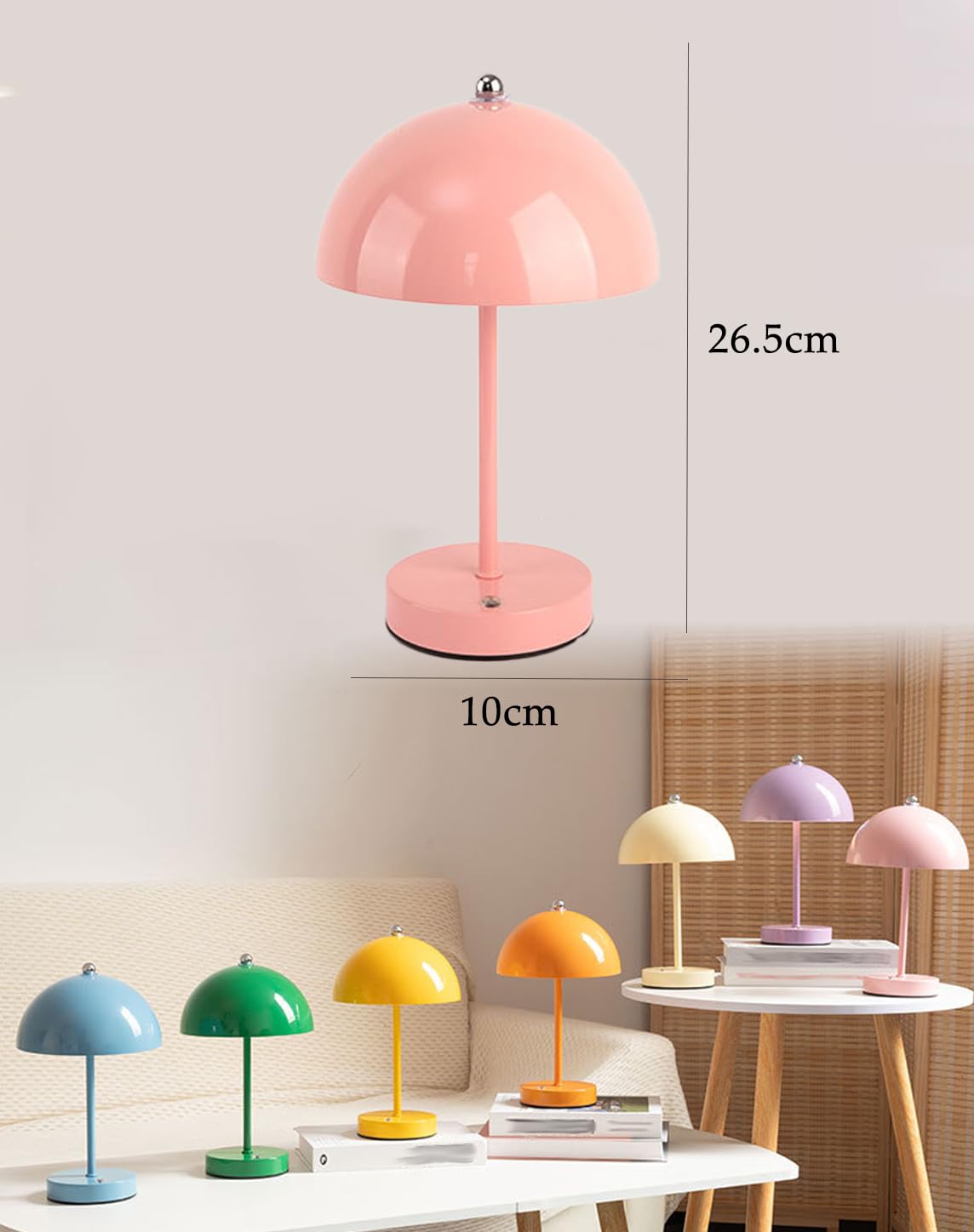 Kabellose Tischlampe Pilz Touchsteuerung Aufladbar, 3 Farbtemperaturen Dimmbare LED Nachttischlampe mit 1800mAh Akku, Bunte Macaron Deko Tischleuchte für Schlafzimmer Camping Bar Wohnzimmer,Rosa