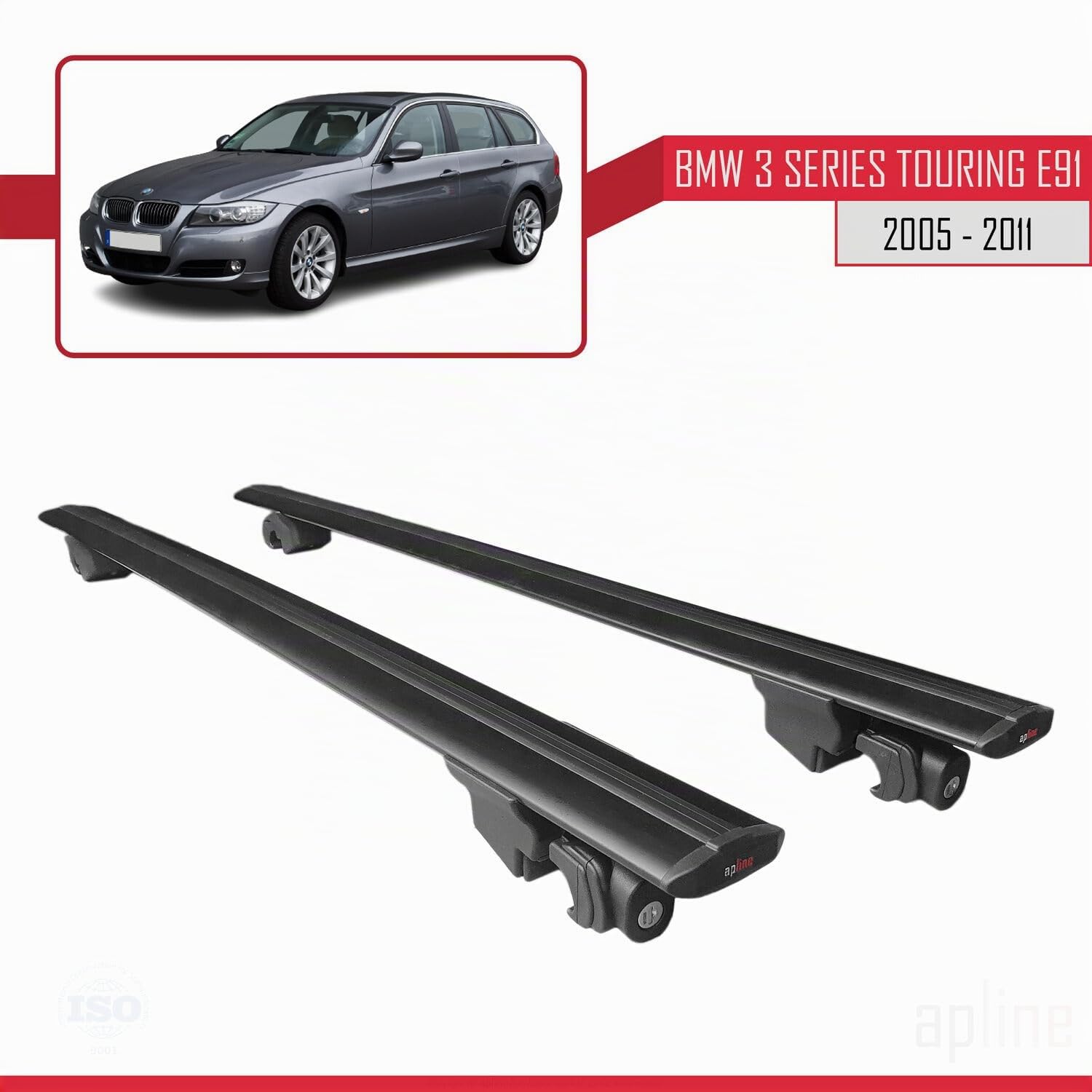 Compatible con Bmw 3 Series Touring (E91) 2005-2011 Barras de techo Portaequipajes HOOK Barras Transversales Con Cerradura Aluminio NEGRO