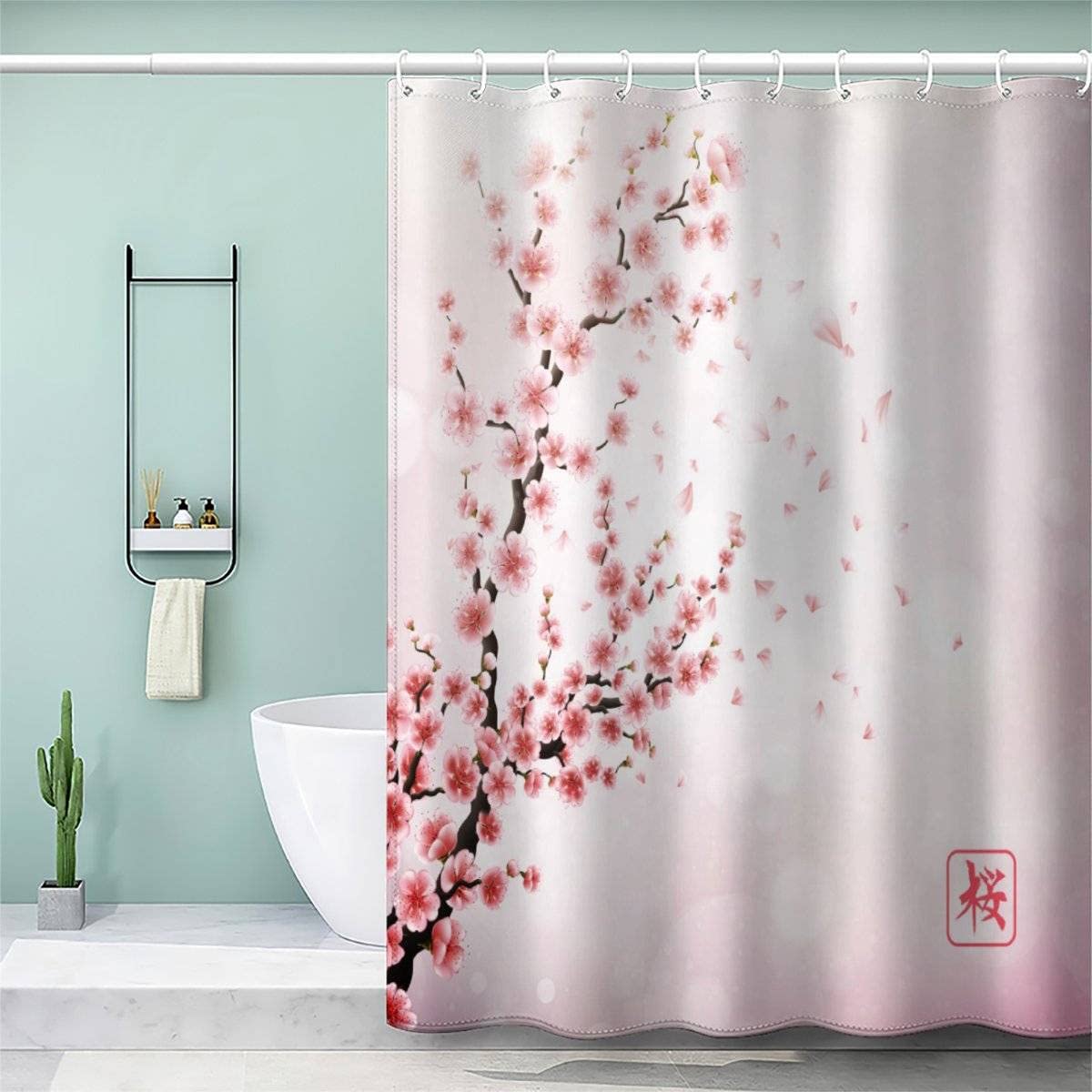 VASENA Flowers Floral Branch Shower Curtain Mould Proof Resistant Waterproof Polyester 3D Printed Japanese Pink Bath Curtains for Shower with 12 Hooks Art Deco 180x200 cm
