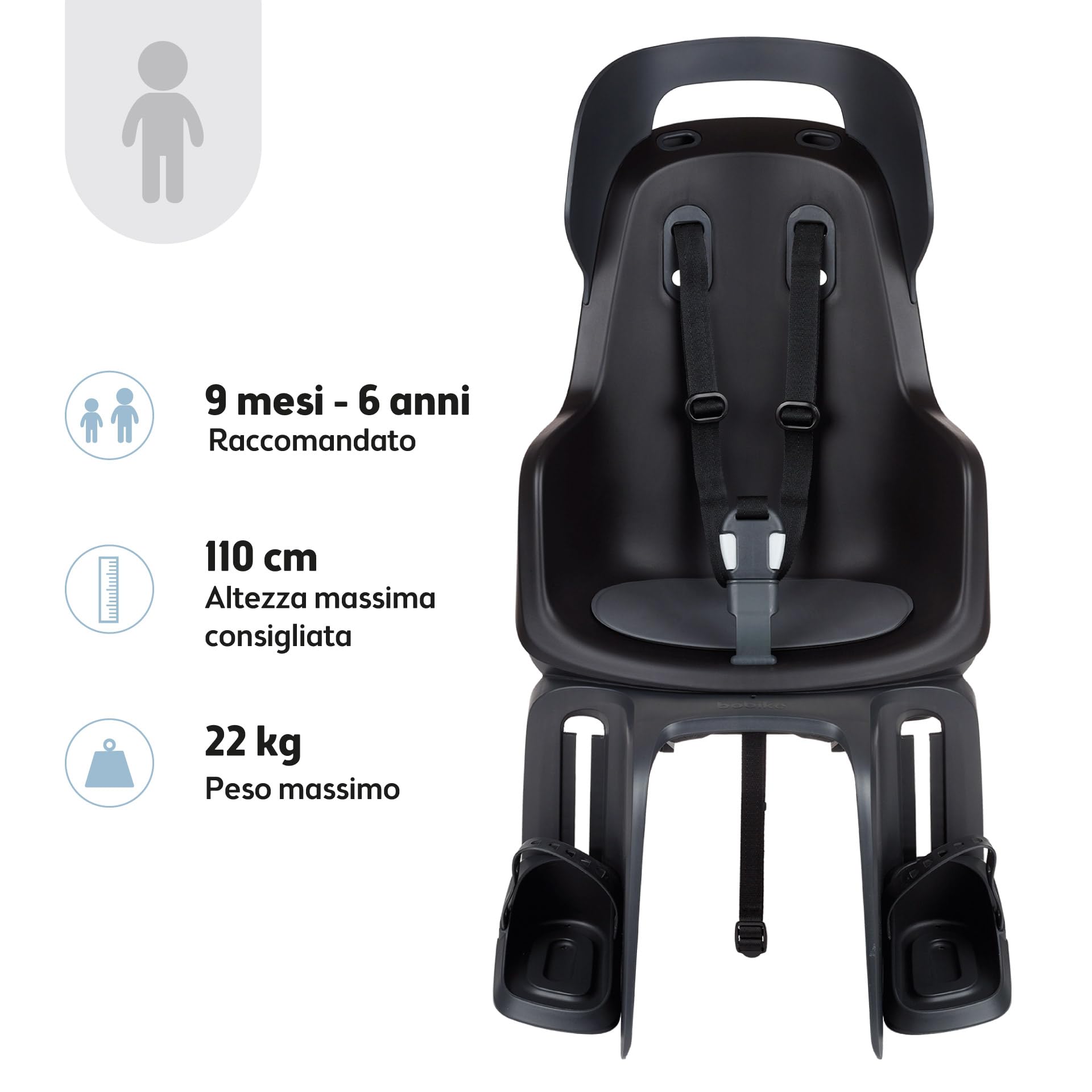 Bobike 8012300019 GO Maxi CFS XR Seggiolino Posteriore Per Bici Con Portapacchi, Per Bambini Da 9 Mesi A 6 Anni, Max 22 kg, Poggiapiedi Regolabili, Senza Attrezzi, Nero Urbano